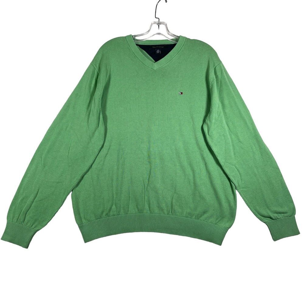 Tommy Hilfiger Mens Sweater Size L Green V Neck Pullover Long Sleeve Logo Flag‎